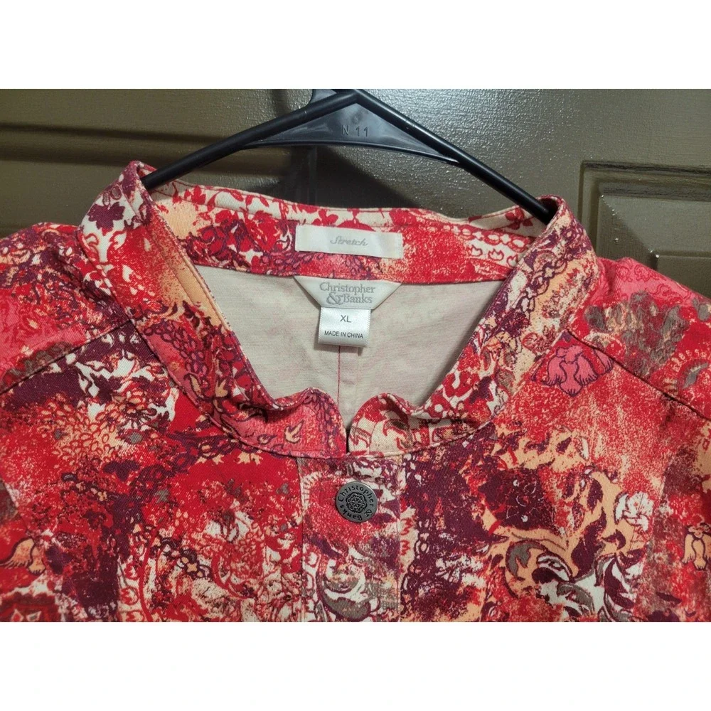 Christopher & Banks Women XL Artisan Boho Print Jacket Button Front Stretch Y2K